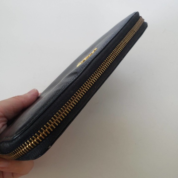 Prada Long Wallet Leather Zipper Black Zip Around Italy Continental Logo Clutch - Picture 5 of 13